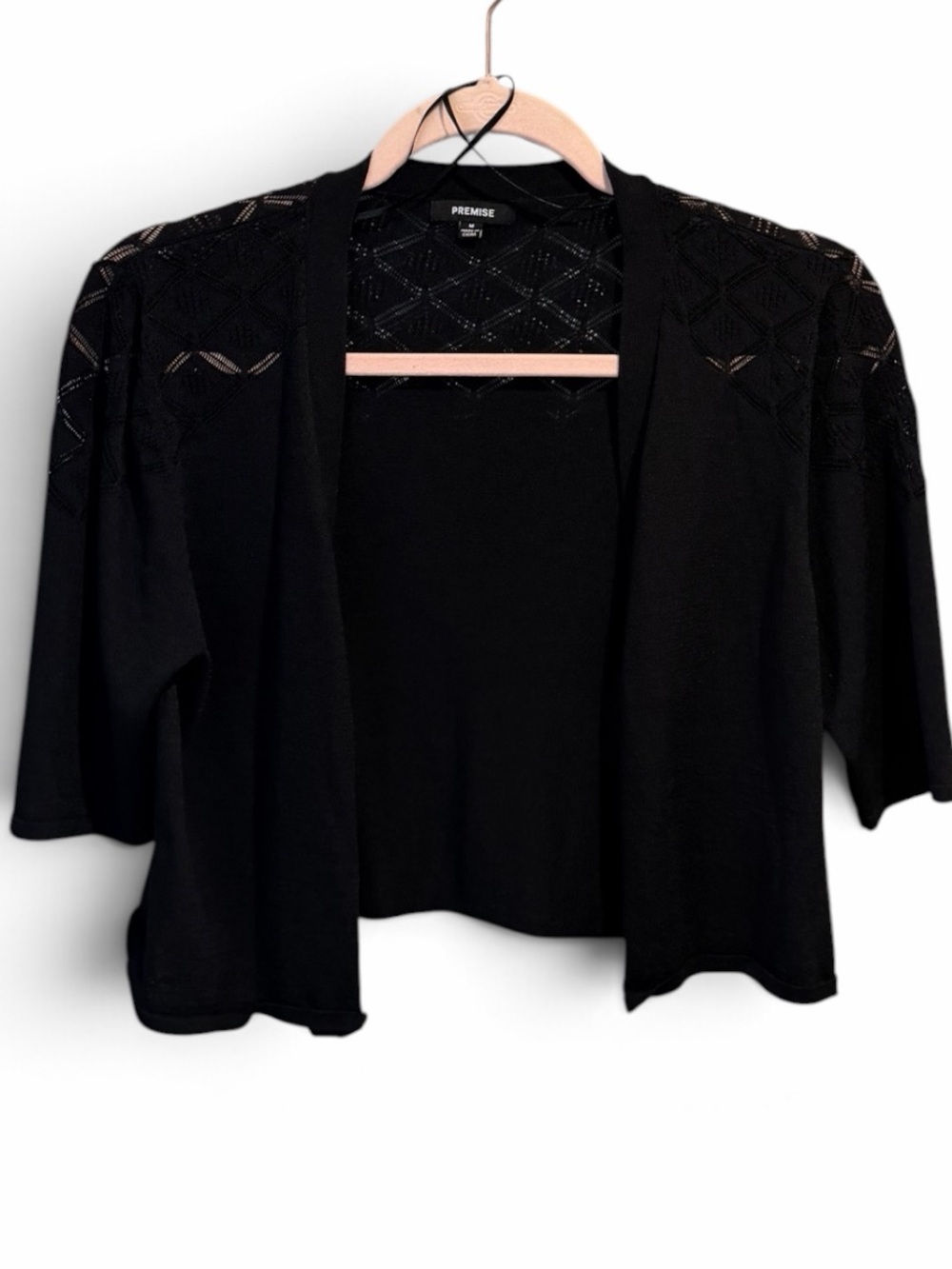 Premise Black Open-Front Short Sleeve Cardigan Shrug with Diamond Knit Detail